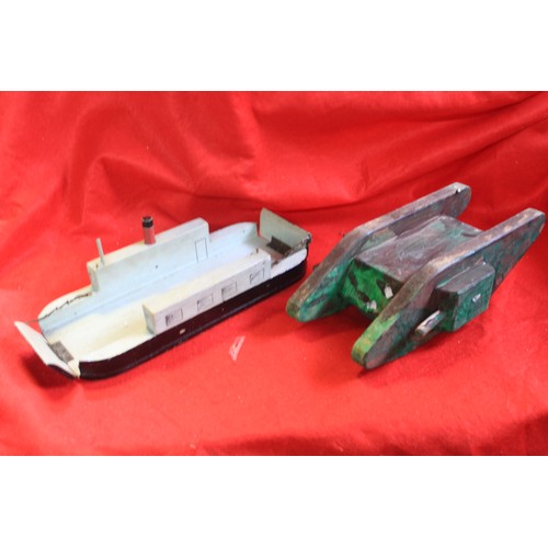 155A - A hand made wooden model of a WW1 tank and a similar model of a ferryboat not dissimilar to the Sand... 