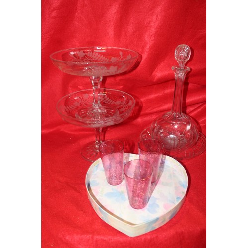 71 - Assortment of Victorian glassware, including a pair of etched pedestal mounted glass bowls, cranberr... 