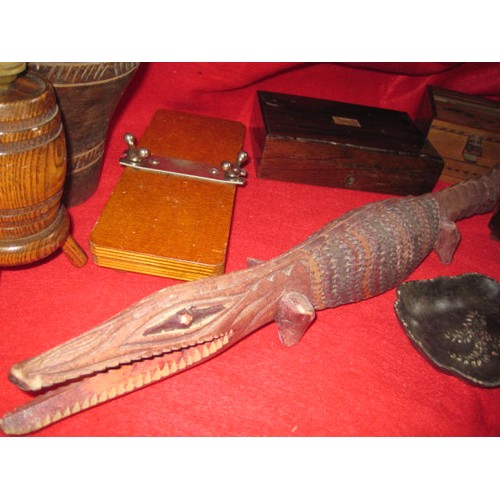 305 - An assortment of treen items including a musical jewellery box with rotating ballerina (working), a ... 