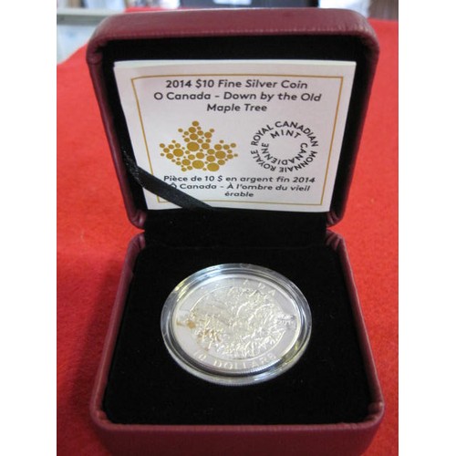 77 - A 2014 Canadian Mint $10 .999 silver proof, cased, 'O Canada - Down by the old Maple Tree'