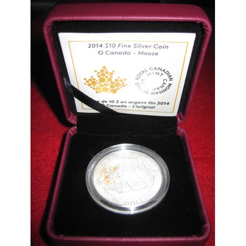 78 - A 2014 Canadian Mint $10 .999 silver proof, cased, 'O Canada - Moose'