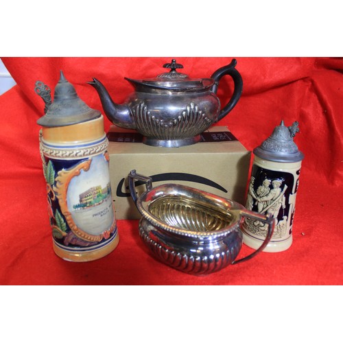 237 - A box of silver plated and other items including an art deco style tea pot, candlesticks, etc