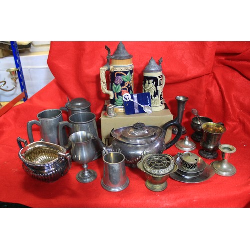 237 - A box of silver plated and other items including an art deco style tea pot, candlesticks, etc