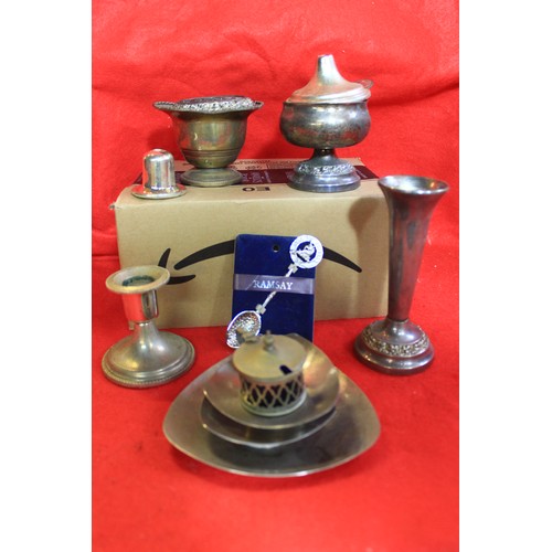 237 - A box of silver plated and other items including an art deco style tea pot, candlesticks, etc