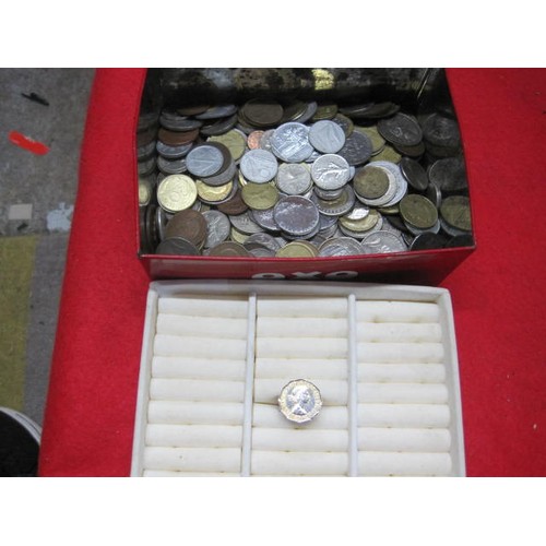 75 - A tin of mixed coins, plus a Thrupenny bit ring