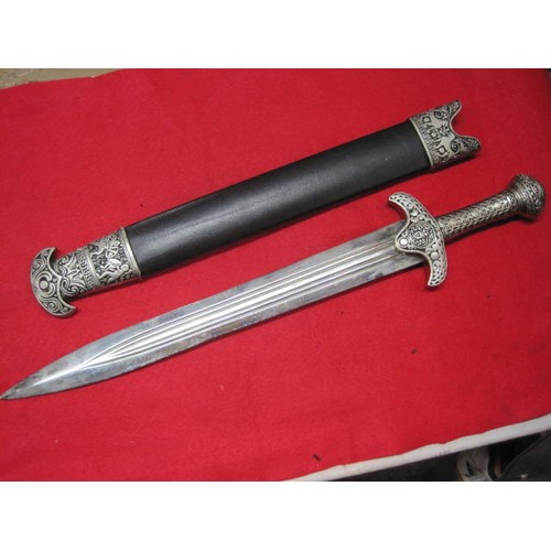 154 - A reproduction short sword with ancient Greco-Roman style decoration to scabbard and hilt, steel bla... 