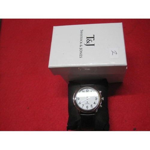 310 - Boxed Tavistock & Jones talking quartz watch on leather strap with instructions and working order