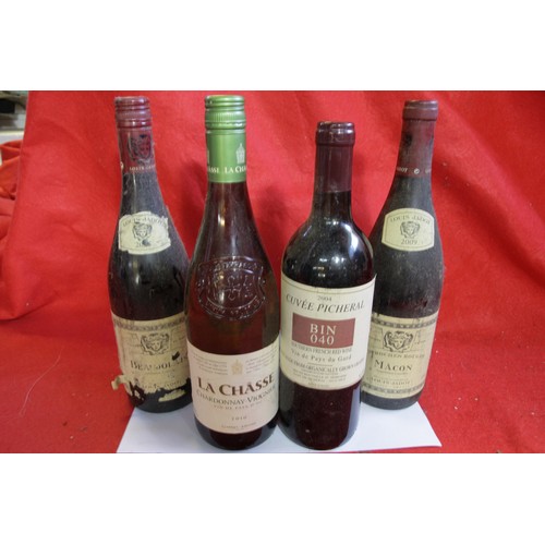 198 - 4 bottles of wine comprising a 2009 Louis Jadot 
Macon, a 2005 Louis Jadot Beaujolais, a 2004 Cuvee ... 