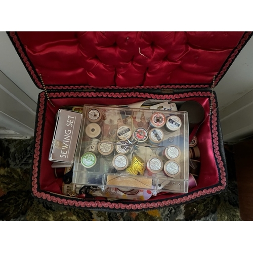 89 - Vintage sewing box on legs with contents