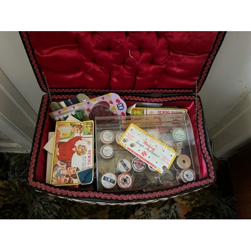 89 - Vintage sewing box on legs with contents