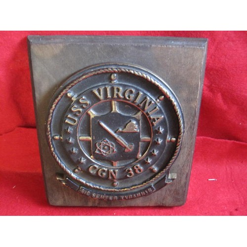 141 - A USS Virginia bronze plaque on a wooden plinth