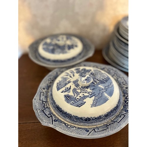 57 - 1950's Midwinter Willow Pattern part-dinner service.  Other blue and white plates included.  Hardly ... 