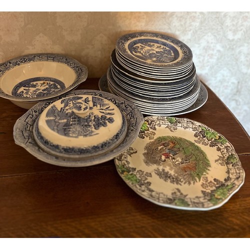 57 - 1950's Midwinter Willow Pattern part-dinner service.  Other blue and white plates included.  Hardly ... 