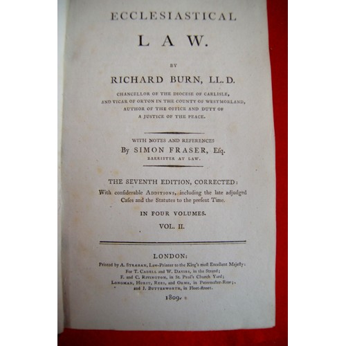 31 - Burn LLD, Richard: Ecclesiastical Law, 7th Ed, London 1809, Vols 1, 2 & 4 only. Leather bound, all i... 