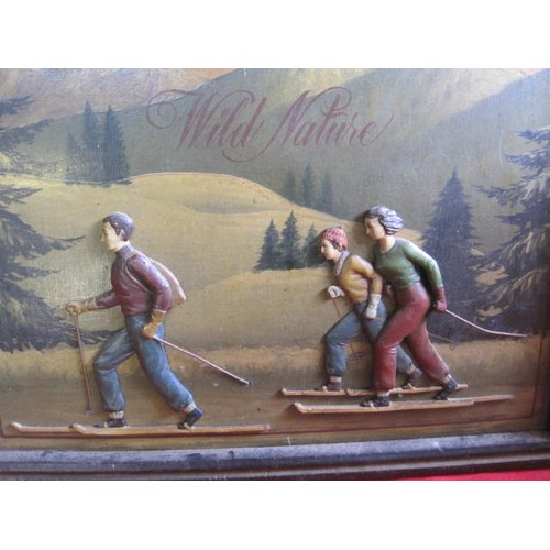 276 - A vintage painted wooden 'Alpes' sign with skiers in relief