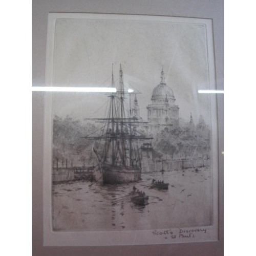 11 - Lt Cdr Rowland Langmaid: a F&G etching marked 'Scott's Discovery @ St Paul's' showing HMS Discovery ... 