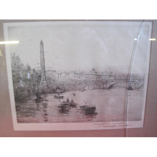 13 - Lt Cdr Rowland Langmaid: a F&G etching marked 'Cleopatra's Needle & Somerset House', showing the sam... 