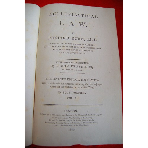 14 - Burn LLD, Richard: Ecclesiastical Law, 7th Ed, London 1809, Vols 1, 2 & 4 only. Leather bound, all i... 