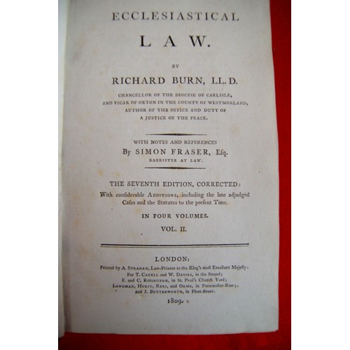 14 - Burn LLD, Richard: Ecclesiastical Law, 7th Ed, London 1809, Vols 1, 2 & 4 only. Leather bound, all i... 