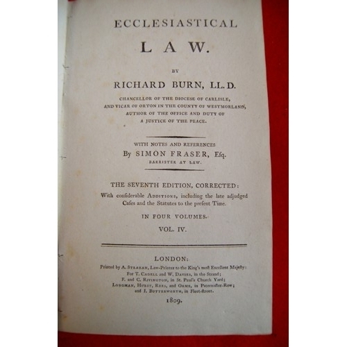 14 - Burn LLD, Richard: Ecclesiastical Law, 7th Ed, London 1809, Vols 1, 2 & 4 only. Leather bound, all i... 