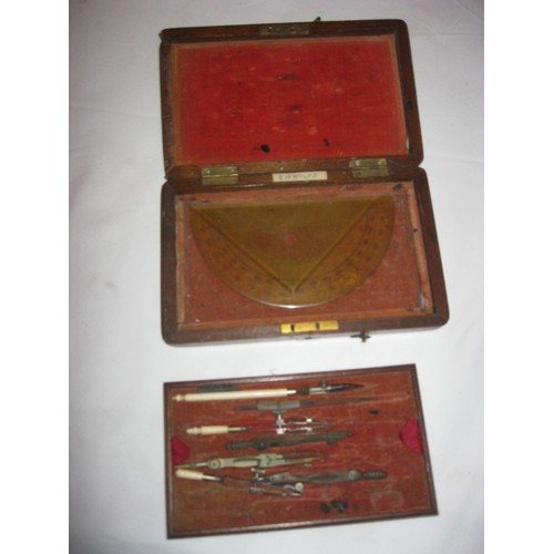 142 - An antique cased drawing set with inscribed white-metal plaque to cover marked D J B Lloyd