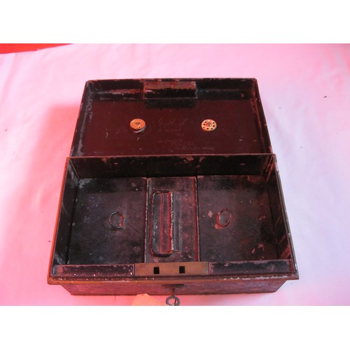 26 - An antique cash tin with key and insert tray