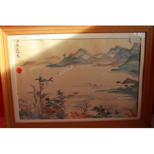 10 - Selection of artwork to include x4 Chinese F&G silk printed pictures, a white framed mirror and a ta... 