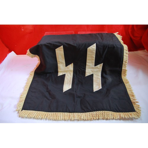 181 - An SS Trumpet Banner, double-sided, in black with applied 'SS' runes, tasseled edges to 3 sides, to ... 