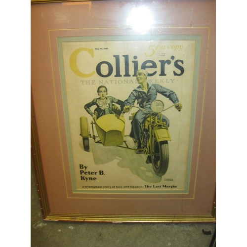 1 - A framed cover of Collier's magazine dated May 28th 1932 featuring a sailor and his lady in a motorc... 