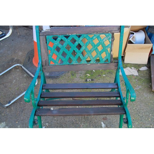 153 - A vintage garden table with iron frame and a small bench similar, the latter a/f but a great restora... 