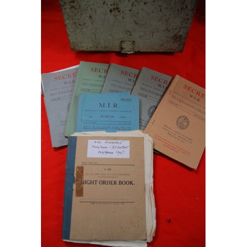 176 - A metal Royal Navy spares tin containing various naval ephemera relating to 1945/49 including weekly... 