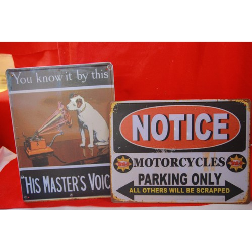 27 - Two retro-style tin signs - 'Motorcycles only' and 'His Master's Voice'