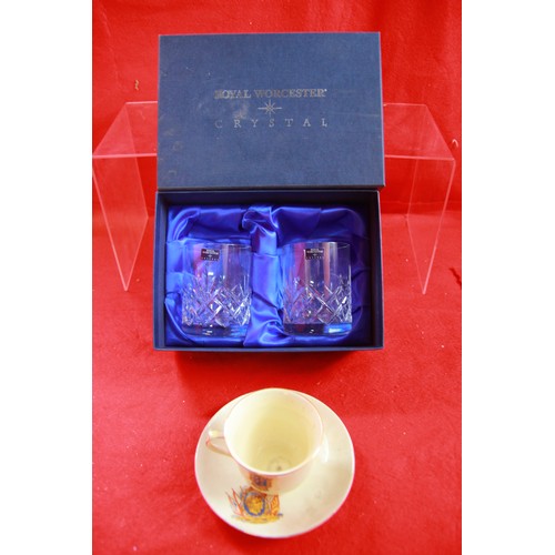 40 - George VI and Elizabeth coronation cup and saucer, plus x2 boxed Royal Worcester whisky glasses