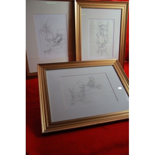 6 - Three light wood framed Winnie the Pooh signed sketches.

 One Afternoon Tea with Tigger 
Two Christ... 
