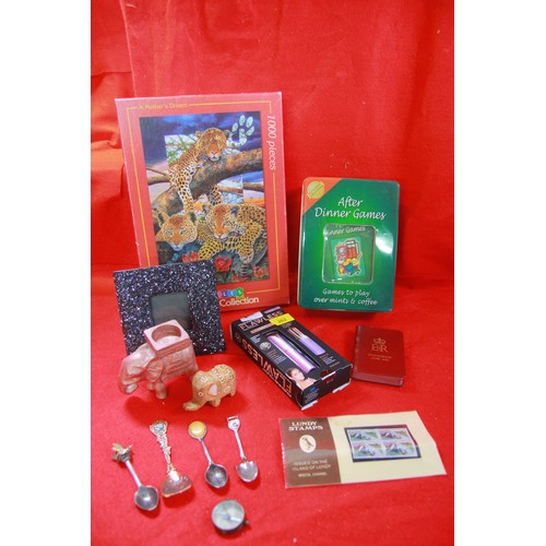 183 - Box of collectibles including small brass compass, games and a 'Flawless' hair removal system