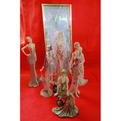 34 - An assortment of figures of art deco ladies plus a f&g print of the similar