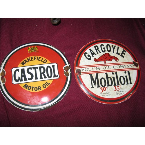 6 - A pair of small round retro-style enamel signs, one for Castrol Motor Oil and the other for Gargoyle... 