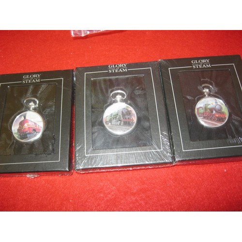 99 - 3 Atlas Editions 'Glory of Steam' pocket watches, boxed and sealed.