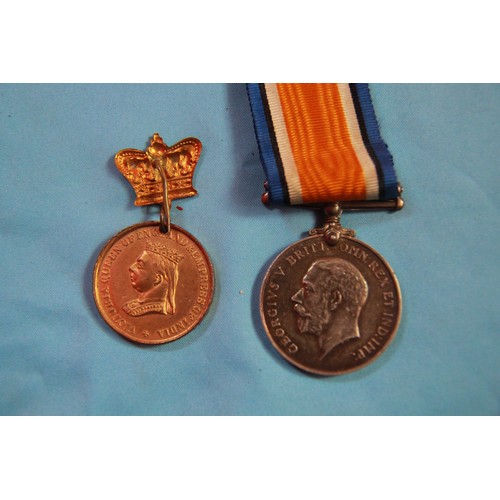 153 - A WW1 War Medal with ribbon named to 28617 Pte F R Dayen KSLI, a lump of shrapnel with a tag attache... 