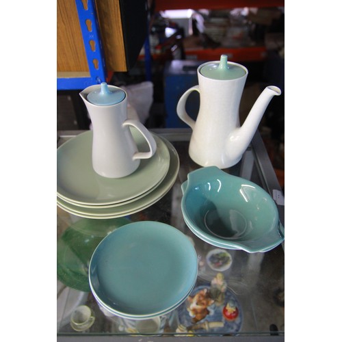 20 - Poole Pottery Ice green and seagull Coffee pot, Sky Blue and grey grey milk jug 2 cameo bowls 2 side... 