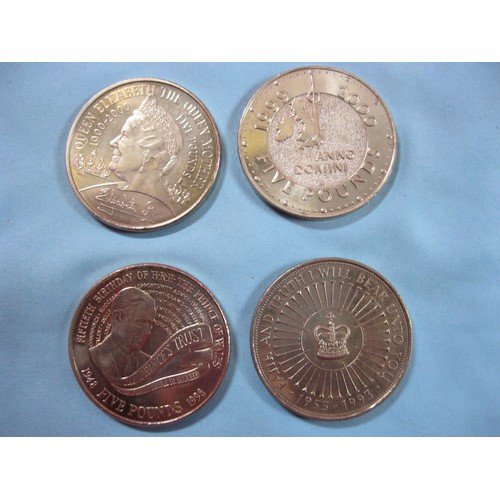 55F - 4 x £5 coins comprising 1993 Queen's 40th Jubilee, 1998 Charles' 50th Birthday, 1999 Millenium and 2... 