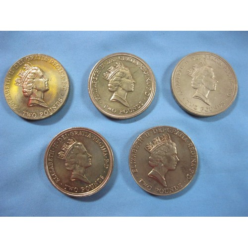 55J - 5 x uni-metallic old-style £2 coins comprising 1986 XIII Commonwealth Games, 2 x 1995 Peace Dove and... 