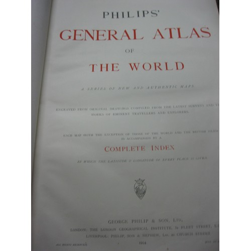 13 - A Philips General Atlas of the World, very large, published 1914, in very nice condition, leather co... 