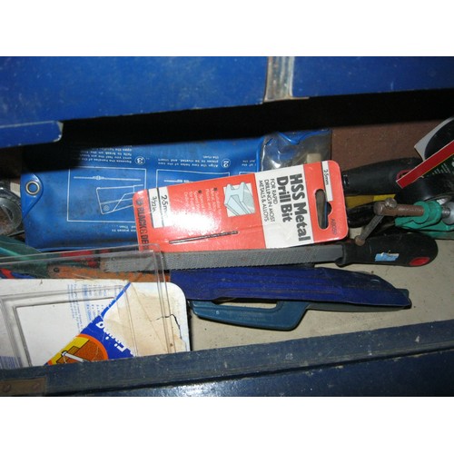 121 - A blue wooden carpenter's tool box containing a variety of tools