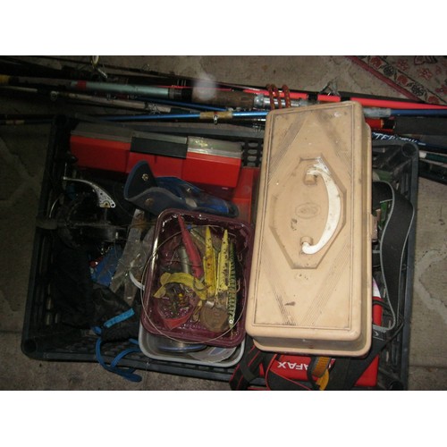 211 - A large selection of fishing rods and other equipment including lures, reels, hooks, weights etc