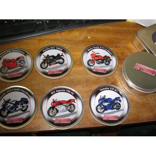 185 - A set of Superbikes drinks coasters in a tin