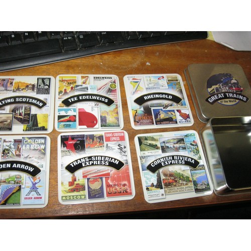 186 - A set of Great Trains of the World drinks coasters in a tin