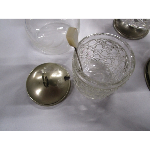 141 - 4 Pieces of Cut Glass with attached Metal lids etc  .One a Cut glass jam pot with a small pickle for... 