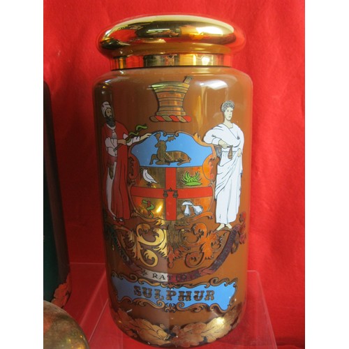 167 - A set of three Continental apothecary jars with brass lids, decorated to the front as pictured