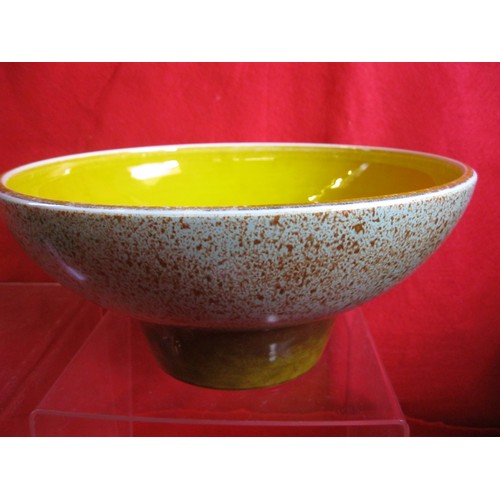 83 - A Yellow background Delphis large bowl approx 10 inches by 6 tall with a Seacrest external glaze .